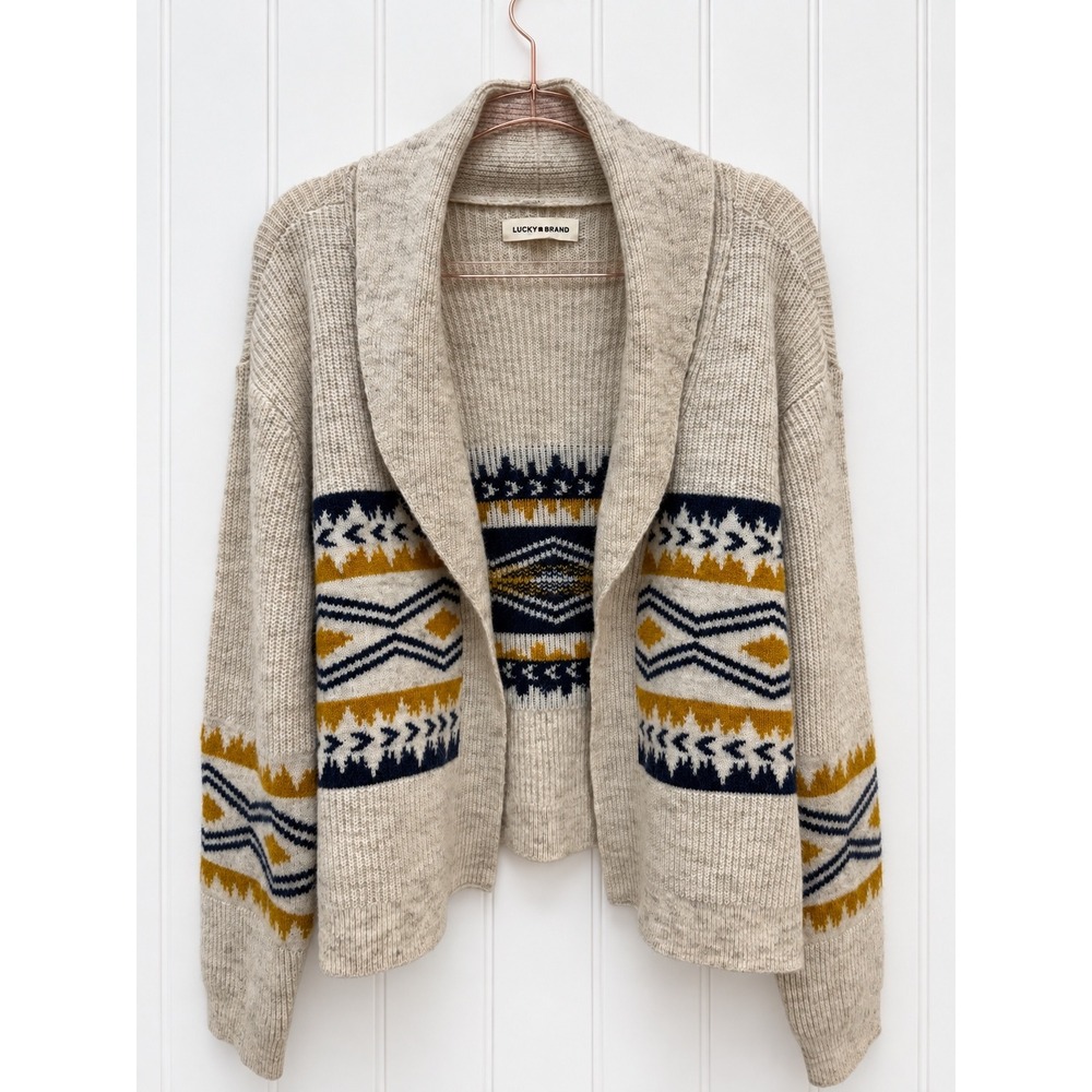 Lucky Brand Cardigan Sweater Medium M Southwestern Shawl Collar Knit Beige
